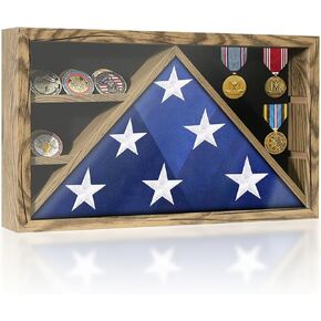 Flag Box Display Case for 3' x 5' American Flag, ( Not for Burial Flag ) Military Shadow Box with HD Tempered and Wall Mounted，Flag Cases for Veterans,Folded Flag Display Case,Black Walnut