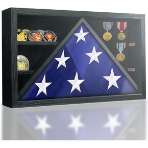 Flag Box Display Case for 3' x 5' American Flag, ( Not for Burial Flag ) Military Shadow Box with HD Tempered and Wall Mounted，Flag Cases for Veterans,Folded Flag Display Case,Black Walnut