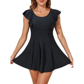 Smismivo One Piece Swim Dress Tummy Control Swimsuits for Women Modest Bathing Suit Skirt Slimming Ruffle Sleeve Swimdress
