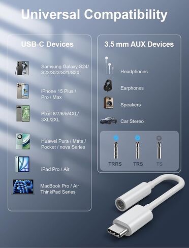 USB-C to 3.5mm Audio Headphone Adapter - HiFi 2 Pack Compatible with Apple iPhone 15 Samsung Galaxy S24 S23 S22 S21 Plus Pro Max Ultra Pixel iPad - Type C to Jack Dongle Adapter in Saudi Arabia