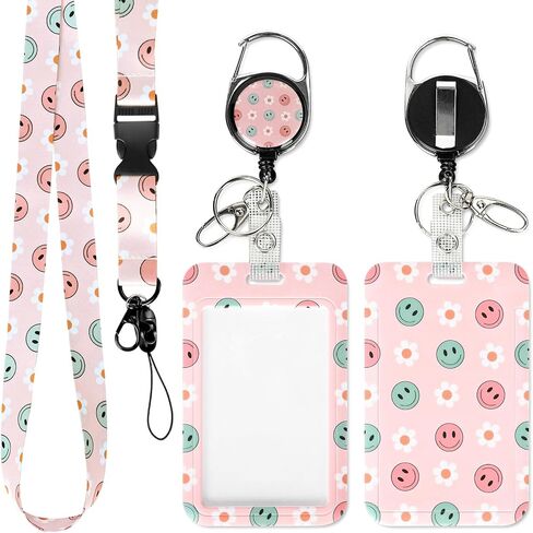 Smile Face Lanyard for ID Badges Card Yellow Happy Face Card Name Tag Lanyard Cute Retractable Badge Reel Clip for Men Women Nurse Doctor Teach Student in Saudi Arabia