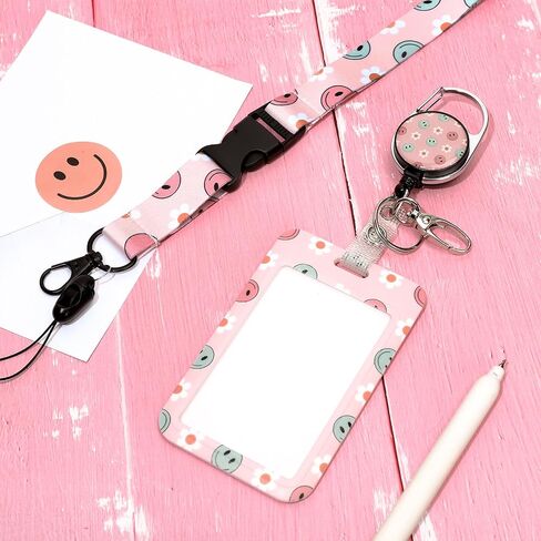 Smile Face Lanyard for ID Badges Card Yellow Happy Face Card Name Tag Lanyard Cute Retractable Badge Reel Clip for Men Women Nurse Doctor Teach Student in Saudi Arabia