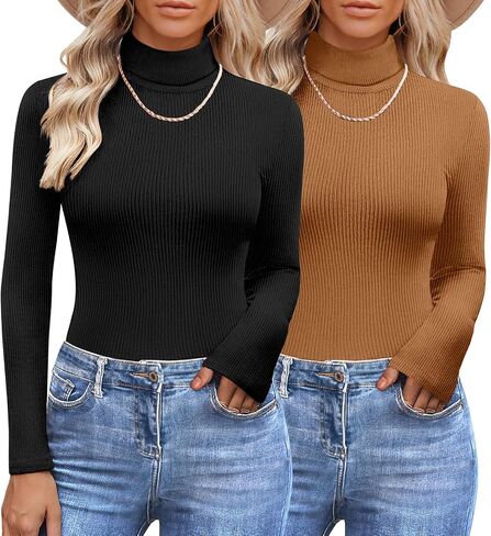 Womens 2 Piece Turtleneck Long Sleeve Shirts Ribbed Knit Pullover Sweater Basic Layering Thermal Underwear Tops in Saudi Arabia