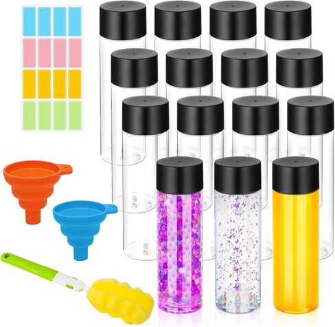16 Pcs Clear Plastic Bottles Empty Sensory Bottles with Caps PET Plastic Juice Bottles Reusable Bulk Leakproof Drink Container Plastic Sensory Bottles for Juice Milk (Black Lid, 10 oz/ 300 ml) in Saudi Arabia