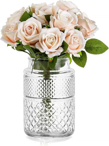 Glasseam Vintage Glass Flower Vases: Rustic Large Clear Vase Embossed Crystal Vases for Flowers Wide Mouth Vase Decorative Boho Vases for Decor Wedding Table Centrepiece Dining Room Height 7.87'' in Saudi Arabia