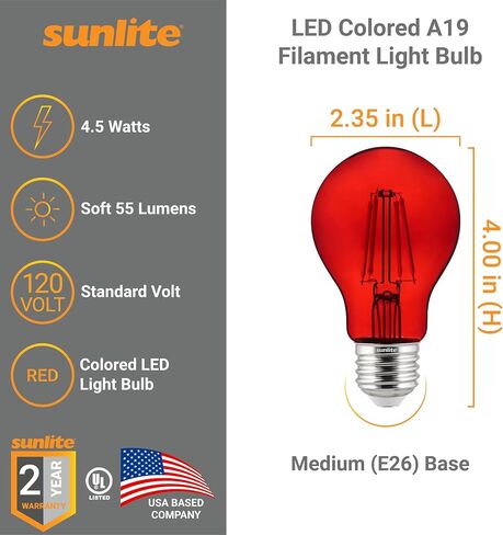 لمبة إضاءة LED ملونة A19 من Sunlite، 4.5 واط، قاعدة E26 متوسطة، 120 فولت، أحمر شفاف، قابل للتعتيم، زاوية شعاع 320 درجة، مدرج في قائمة UL، عدد 2 in Saudi Arabia
