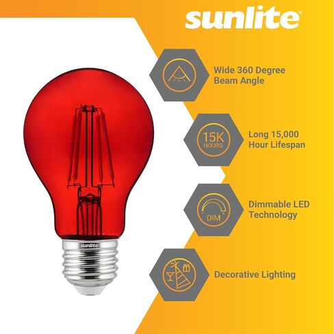 لمبة إضاءة LED ملونة A19 من Sunlite، 4.5 واط، قاعدة E26 متوسطة، 120 فولت، أحمر شفاف، قابل للتعتيم، زاوية شعاع 320 درجة، مدرج في قائمة UL، عدد 2 in Saudi Arabia