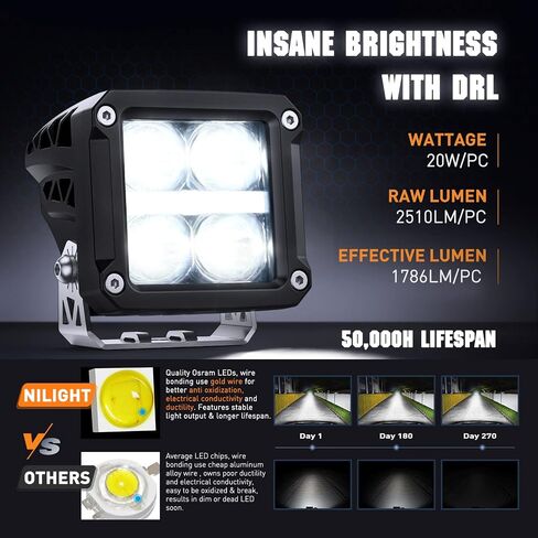 Nilight 3 Inch Cube LED Pod Light Bar with DRL 20W 2200LM 10° Super Spot Light 16AWG Wiring Harness Kit Offroad LED Driving Work Lights for Jeep Truck UTV 4x4 ATV Motorcycle, 5 Years Warranty in Saudi Arabia