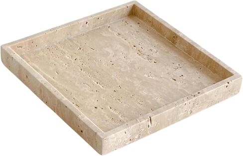 Natural Real Marble Square Neat Makeups Organizer/Bathroom Vanity Tray for Razor Towel Toothpaste (Beige travertine, 9.84x9.84x1.18in) in Saudi Arabia