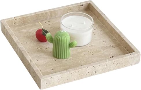 Natural Real Marble Square Neat Makeups Organizer/Bathroom Vanity Tray for Razor Towel Toothpaste (Beige travertine, 9.84x9.84x1.18in) in Saudi Arabia