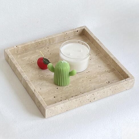 Natural Real Marble Square Neat Makeups Organizer/Bathroom Vanity Tray for Razor Towel Toothpaste (Beige travertine, 9.84x9.84x1.18in) in Saudi Arabia