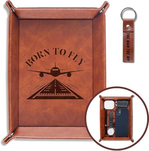 INNObeta Pilot Gifts Valet Tray for Male, Men, Aviation Gifts Desktop Storage Organizer PU Leather Bedside Tray Key Coin Holder for Birthday, Christmas - Born to Fly in Saudi Arabia