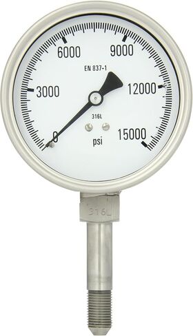 PIC Gauge 4001-9LV 4" Dial, 0/15000 psi Range, 9/16-18 MP Male Connection Size, Bottom Mount Dry Process Pressure Gauge with a Stainless Steel Case and Internals, Removable Stainless Steel Bezel, and Laminated Safety Glass Lens in Saudi Arabia