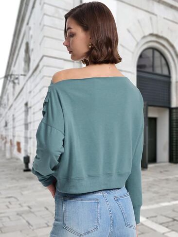 Womens Off Shoulder Crop Tops Trendy Casual Boat Neck Fall Shirts Long Sleeve Pullover Sweatshirt Loose Blouse in Saudi Arabia