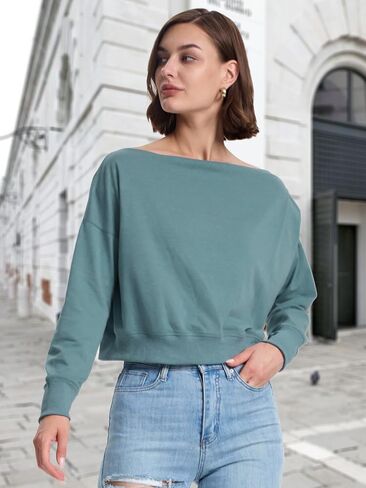 Womens Off Shoulder Crop Tops Trendy Casual Boat Neck Fall Shirts Long Sleeve Pullover Sweatshirt Loose Blouse in Saudi Arabia