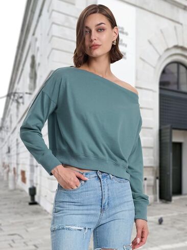 Womens Off Shoulder Crop Tops Trendy Casual Boat Neck Fall Shirts Long Sleeve Pullover Sweatshirt Loose Blouse in Saudi Arabia