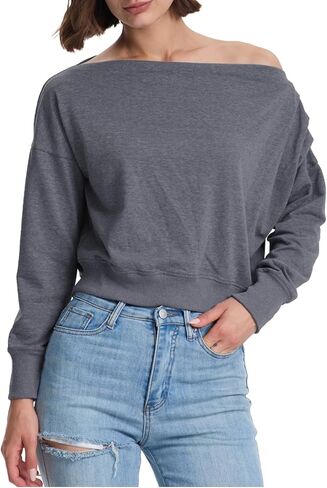 Womens Off Shoulder Crop Tops Trendy Casual Boat Neck Fall Shirts Long Sleeve Pullover Sweatshirt Loose Blouse in Saudi Arabia