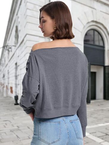Womens Off Shoulder Crop Tops Trendy Casual Boat Neck Fall Shirts Long Sleeve Pullover Sweatshirt Loose Blouse in Saudi Arabia