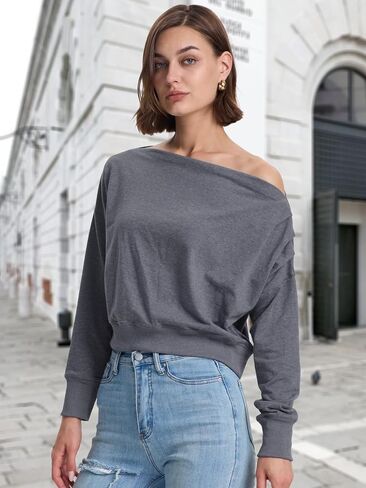 Womens Off Shoulder Crop Tops Trendy Casual Boat Neck Fall Shirts Long Sleeve Pullover Sweatshirt Loose Blouse in Saudi Arabia