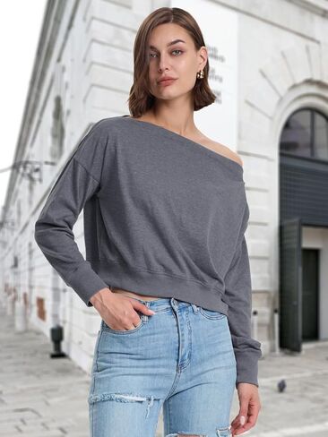 Womens Off Shoulder Crop Tops Trendy Casual Boat Neck Fall Shirts Long Sleeve Pullover Sweatshirt Loose Blouse in Saudi Arabia