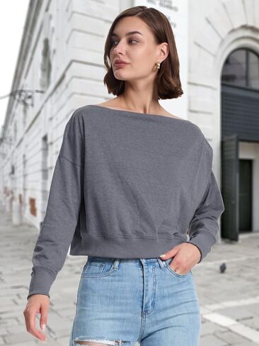Womens Off Shoulder Crop Tops Trendy Casual Boat Neck Fall Shirts Long Sleeve Pullover Sweatshirt Loose Blouse in Saudi Arabia