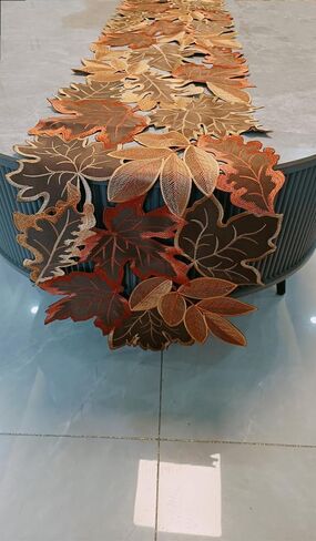 Fall Leaf Embroidered Table Runner 36 Inches for Thanksgiving and Autumn Harvest Decoration (16''x36'', Coffee colored maple leaves) in Saudi Arabia