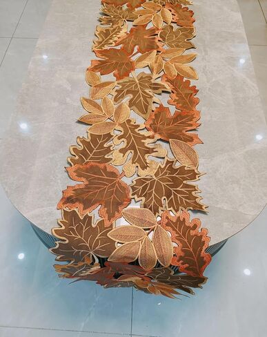 Fall Leaf Embroidered Table Runner 36 Inches for Thanksgiving and Autumn Harvest Decoration (16''x36'', Coffee colored maple leaves) in Saudi Arabia