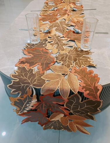 Fall Leaf Embroidered Table Runner 36 Inches for Thanksgiving and Autumn Harvest Decoration (16''x36'', Coffee colored maple leaves) in Saudi Arabia