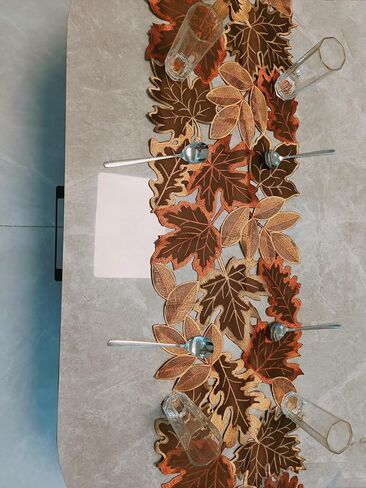 Fall Leaf Embroidered Table Runner 36 Inches for Thanksgiving and Autumn Harvest Decoration (16''x36'', Coffee colored maple leaves) in Saudi Arabia