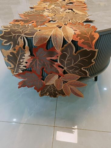 Fall Leaf Embroidered Table Runner 36 Inches for Thanksgiving and Autumn Harvest Decoration (16''x36'', Coffee colored maple leaves) in Saudi Arabia
