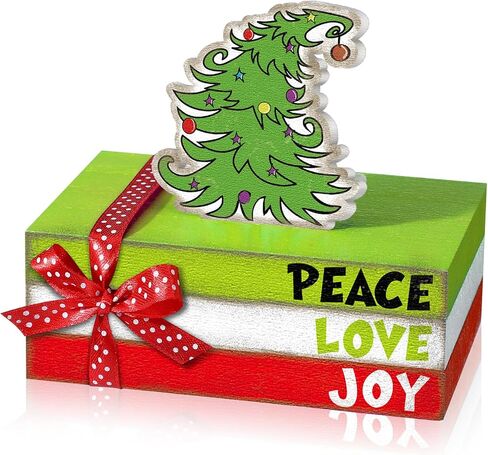 Yousoontic 4 Pcs Christmas Decorations Lime Green Red Christmas Tree Tiered Tray Decor Christmas Table Decor Wooden Decorative Mini Books Stack with Bow Rustic Farmhouse Xmas Decor for Shelf Home in Saudi Arabia