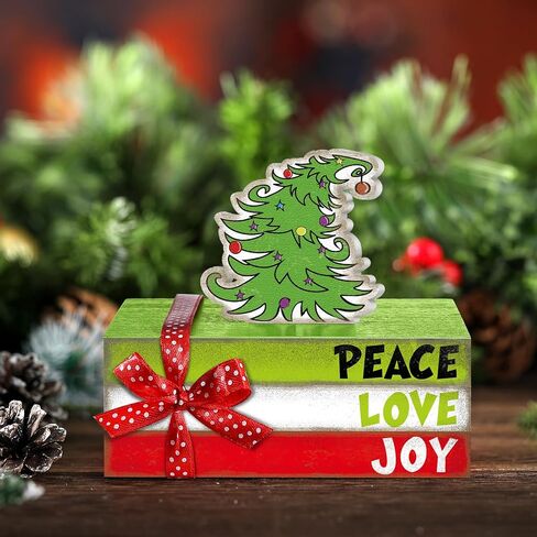 Yousoontic 4 Pcs Christmas Decorations Lime Green Red Christmas Tree Tiered Tray Decor Christmas Table Decor Wooden Decorative Mini Books Stack with Bow Rustic Farmhouse Xmas Decor for Shelf Home in Saudi Arabia