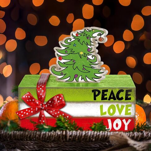 Yousoontic 4 Pcs Christmas Decorations Lime Green Red Christmas Tree Tiered Tray Decor Christmas Table Decor Wooden Decorative Mini Books Stack with Bow Rustic Farmhouse Xmas Decor for Shelf Home in Saudi Arabia