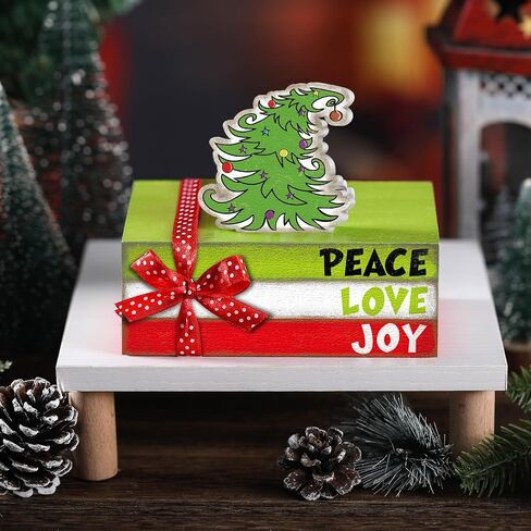 Yousoontic 4 Pcs Christmas Decorations Lime Green Red Christmas Tree Tiered Tray Decor Christmas Table Decor Wooden Decorative Mini Books Stack with Bow Rustic Farmhouse Xmas Decor for Shelf Home in Saudi Arabia