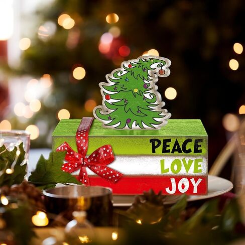 Yousoontic 4 Pcs Christmas Decorations Lime Green Red Christmas Tree Tiered Tray Decor Christmas Table Decor Wooden Decorative Mini Books Stack with Bow Rustic Farmhouse Xmas Decor for Shelf Home in Saudi Arabia