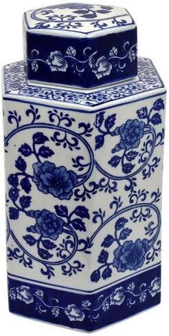 برطمان زنجبيل سيراميك مقاس 13 بوصة من Benjara مع غطاء، زهور معقدة باللونين الأزرق والأبيض in Kuwait