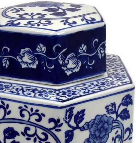 برطمان زنجبيل سيراميك مقاس 13 بوصة من Benjara مع غطاء، زهور معقدة باللونين الأزرق والأبيض in Kuwait