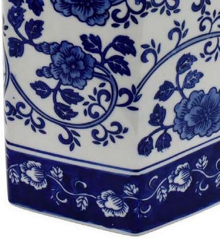 برطمان زنجبيل سيراميك مقاس 13 بوصة من Benjara مع غطاء، زهور معقدة باللونين الأزرق والأبيض in Kuwait