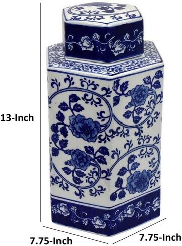 برطمان زنجبيل سيراميك مقاس 13 بوصة من Benjara مع غطاء، زهور معقدة باللونين الأزرق والأبيض in Kuwait