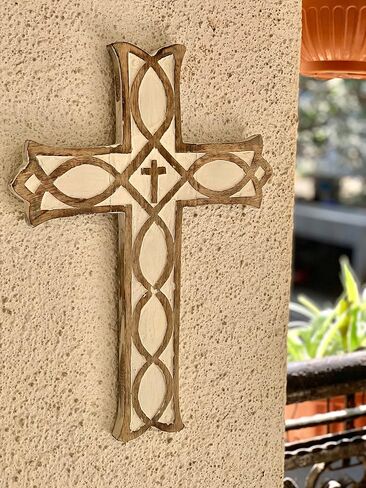 Wooden Religious Catholic Crucifix Cross Wall Hanging French Plaque Floral Carvings Living Room Home Decor Accent Church Chapel Altar Wall Art Decor Display Antiqued Rustic Finish 12 x 16 Inches in Kuwait
