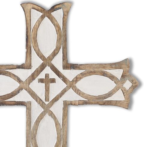 Wooden Religious Catholic Crucifix Cross Wall Hanging French Plaque Floral Carvings Living Room Home Decor Accent Church Chapel Altar Wall Art Decor Display Antiqued Rustic Finish 12 x 16 Inches in Kuwait