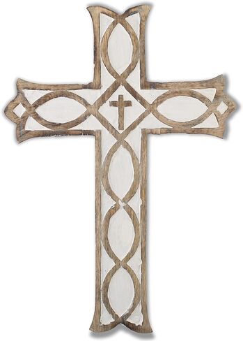 Wooden Religious Catholic Crucifix Cross Wall Hanging French Plaque Floral Carvings Living Room Home Decor Accent Church Chapel Altar Wall Art Decor Display Antiqued Rustic Finish 12 x 16 Inches in Kuwait