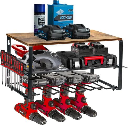 Power Tool Organizer, 4 Power Drill Holder Wall Mount, 3 Layers Heavy Duty Rack WOOD Top Shelf, Garage Tool Organizer, Garage Storage Shelf, Father Day Gift in Saudi Arabia