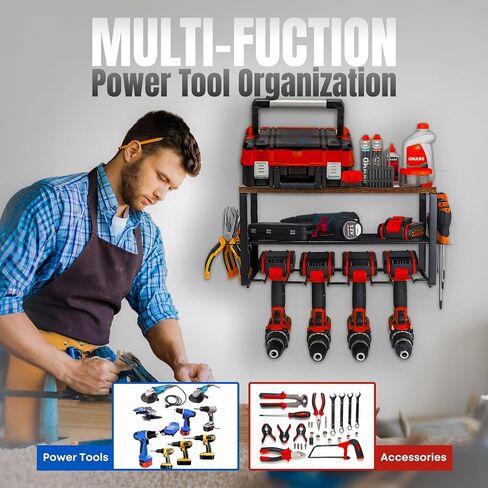 Power Tool Organizer, 4 Power Drill Holder Wall Mount, 3 Layers Heavy Duty Rack WOOD Top Shelf, Garage Tool Organizer, Garage Storage Shelf, Father Day Gift in Saudi Arabia