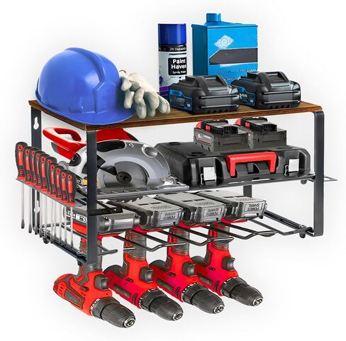 Power Tool Organizer, 4 Power Drill Holder Wall Mount, 3 Layers Heavy Duty Rack WOOD Top Shelf, Garage Tool Organizer, Garage Storage Shelf, Father Day Gift in Saudi Arabia