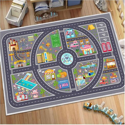 Kids Car Rug Playmat, Road Traffic Rug for Kids Cars, Carpet Play Mat for Playroom, Non Slip Kids Play Rug for Bedroom Boys, Fun City Life Car Mat for Children Room(Grey,2.6×3.9ft/31×47in) in Saudi Arabia