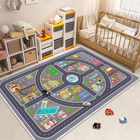Kids Car Rug Playmat, Road Traffic Rug for Kids Cars, Carpet Play Mat for Playroom, Non Slip Kids Play Rug for Bedroom Boys, Fun City Life Car Mat for Children Room(Grey,2.6×3.9ft/31×47in) in Saudi Arabia