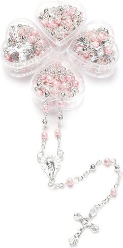 12 pcs Our Lady of Guadalupe with Cross Rosaries in Heart-shaped box Recuerdos de Bautizo Quinceanera Sweet 15 Birthday Party Favor for Boy or Girl (Pink Silver) in Saudi Arabia