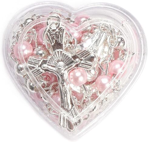 12 pcs Our Lady of Guadalupe with Cross Rosaries in Heart-shaped box Recuerdos de Bautizo Quinceanera Sweet 15 Birthday Party Favor for Boy or Girl (Pink Silver) in Saudi Arabia