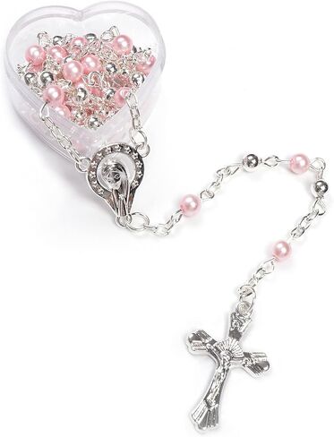 12 pcs Our Lady of Guadalupe with Cross Rosaries in Heart-shaped box Recuerdos de Bautizo Quinceanera Sweet 15 Birthday Party Favor for Boy or Girl (Pink Silver) in Saudi Arabia